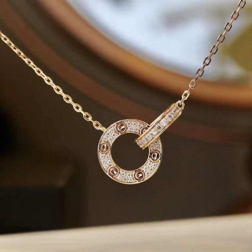 [Regal Jewels]LOVE 7.6MM NECKLACE ROSE GOLD AND SILVER  FULL DIAMOND