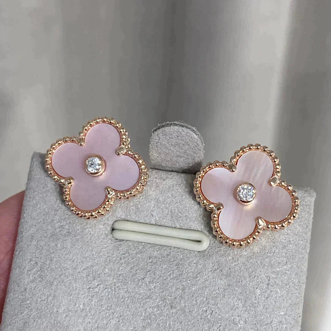 [Regal Jewels]CLOVER MEDIUM 1 MOTIFS  PINK MOP DIAMOND EARRINGS