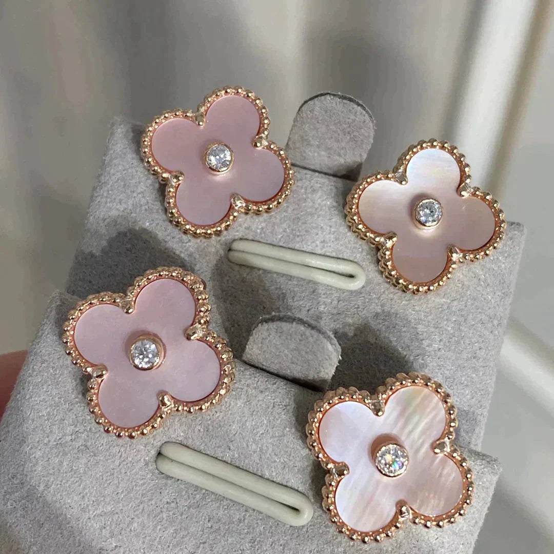 [Regal Jewels]CLOVER MEDIUM 1 MOTIFS  PINK MOP DIAMOND EARRINGS
