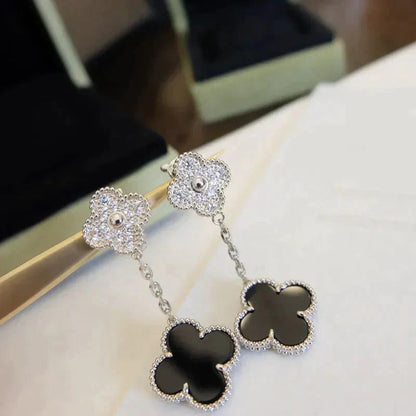 [Regal Jewels]CLOVER 2 MOTIFS  DIAMOND ONYX EARRINGS SILVER