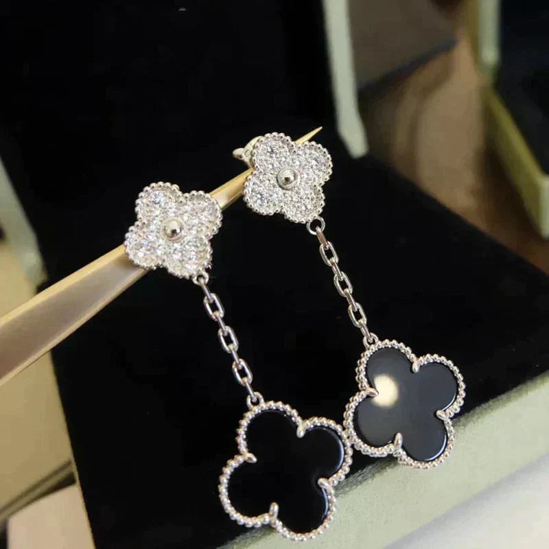 [Regal Jewels]CLOVER 2 MOTIFS  DIAMOND ONYX EARRINGS SILVER