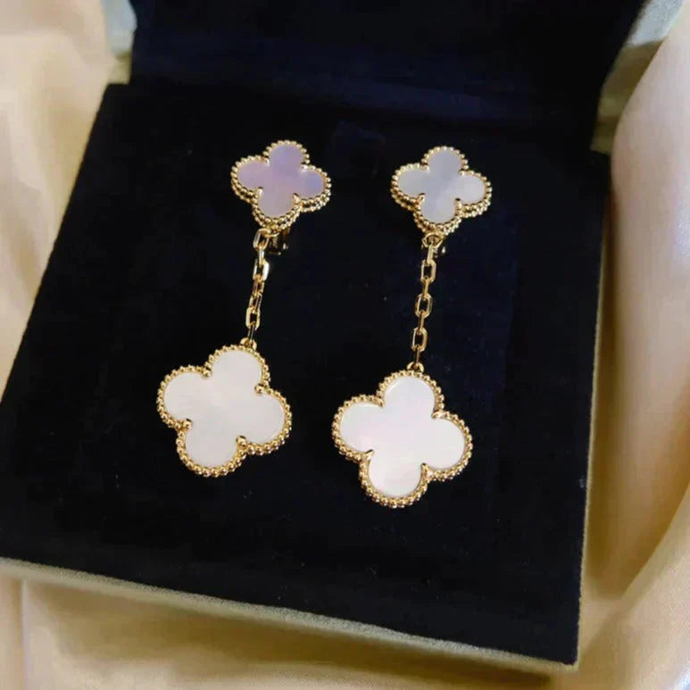 [Regal Jewels]CLOVER 2 MOTIF WHITE MOP EARRINGS