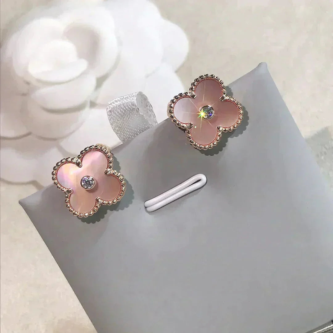 [Regal Jewels]CLOVER MEDIUM 1 MOTIFS  PINK MOP DIAMOND EARRINGS
