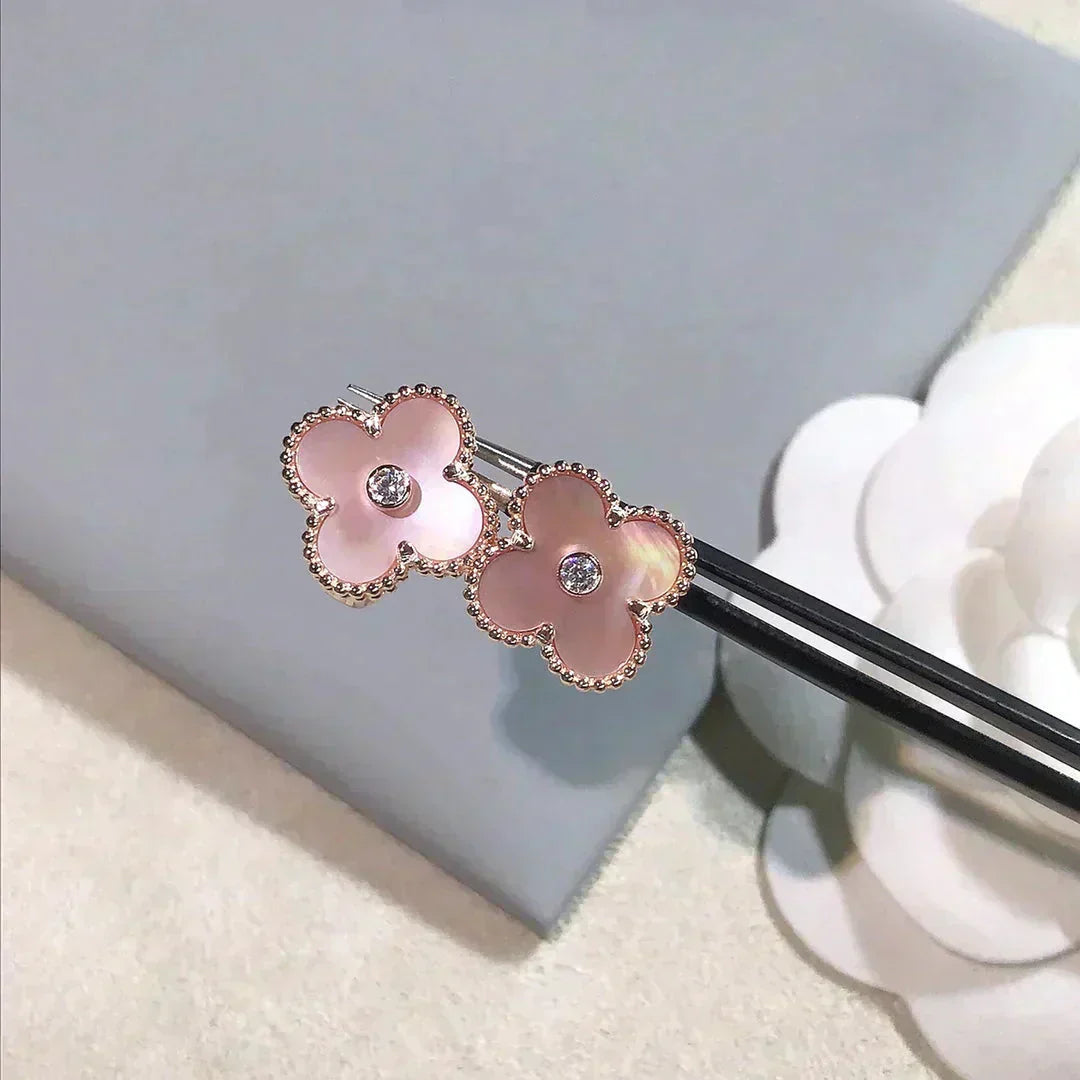 [Regal Jewels]CLOVER MEDIUM 1 MOTIFS  PINK MOP DIAMOND EARRINGS