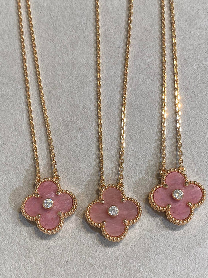 [Regal Jewels]CLOVER 15MM DIAMOND RHODONITE NECKLACE