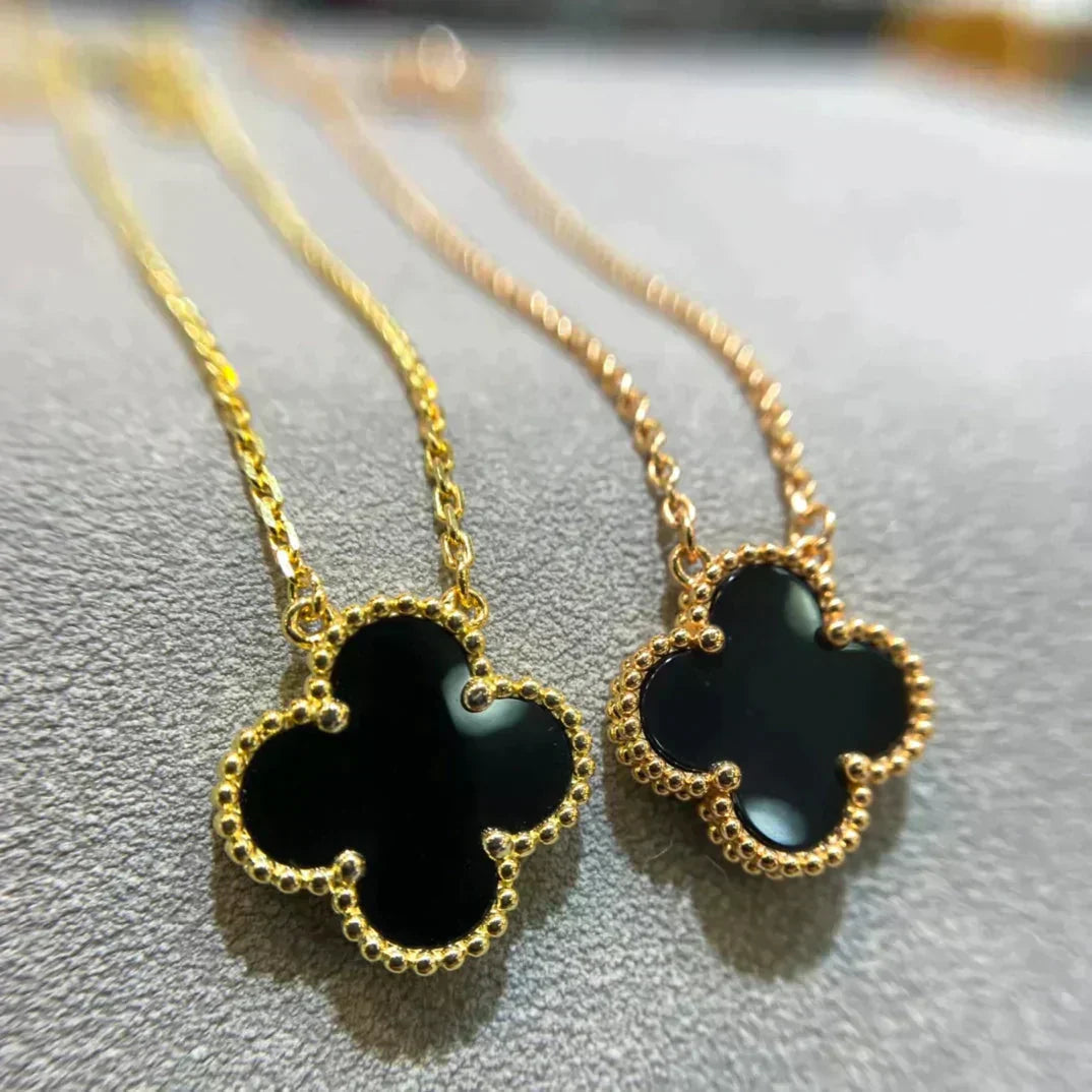 [Regal Jewels]CLOVER 15MM BLACK ONYX SINGLE FLOWER NECKLACE