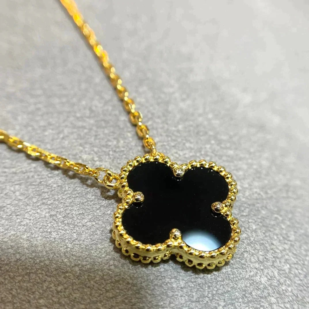 [Regal Jewels]CLOVER 15MM BLACK ONYX SINGLE FLOWER NECKLACE