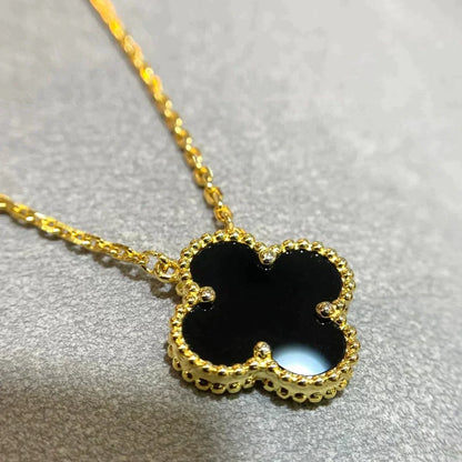[Regal Jewels]CLOVER 15MM BLACK ONYX SINGLE FLOWER NECKLACE