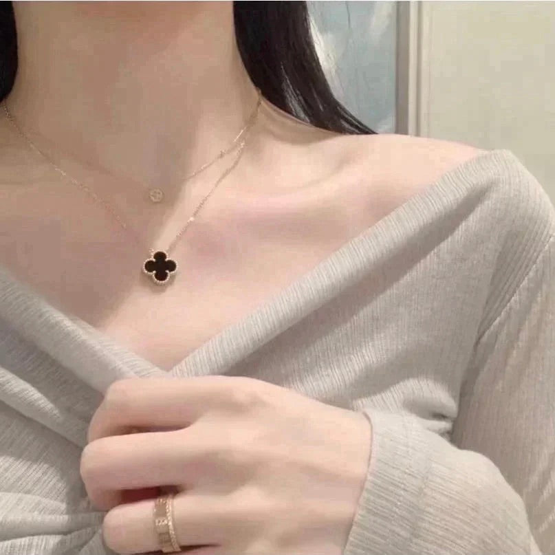 [Regal Jewels]CLOVER 15MM BLACK ONYX SINGLE FLOWER NECKLACE