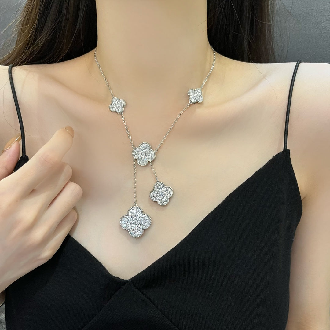 [Regal Jewels]CLOVER 5 MOTIFS SILVER DIAMONDS NECKLACE