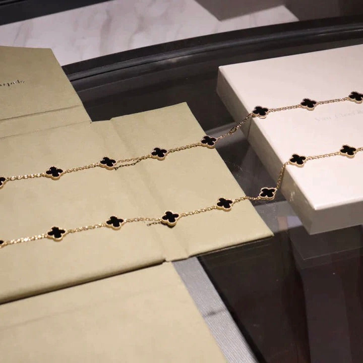 [Regal Jewels]CLOVER 20 MOTIFS ONYX NECKLACE