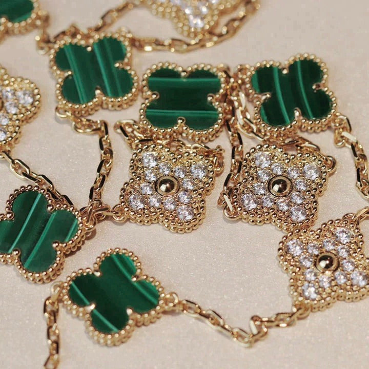 [Regal Jewels]CLOVER 20 MOTIFS MALACHITE DIAMOND NECKLACE