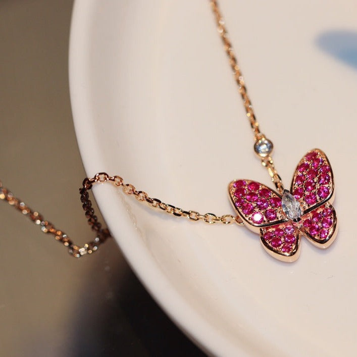 [Regal Jewels]BUTTERFLY RED DIAMOND ROSE GOLD NECKLACE