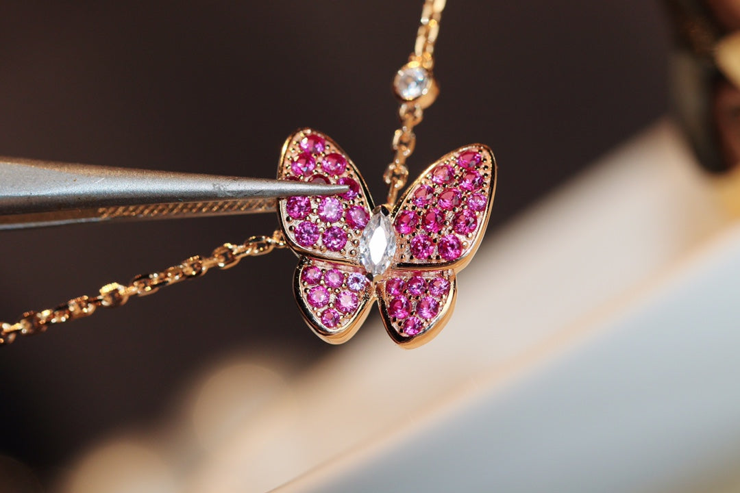 [Regal Jewels]BUTTERFLY RED DIAMOND ROSE GOLD NECKLACE