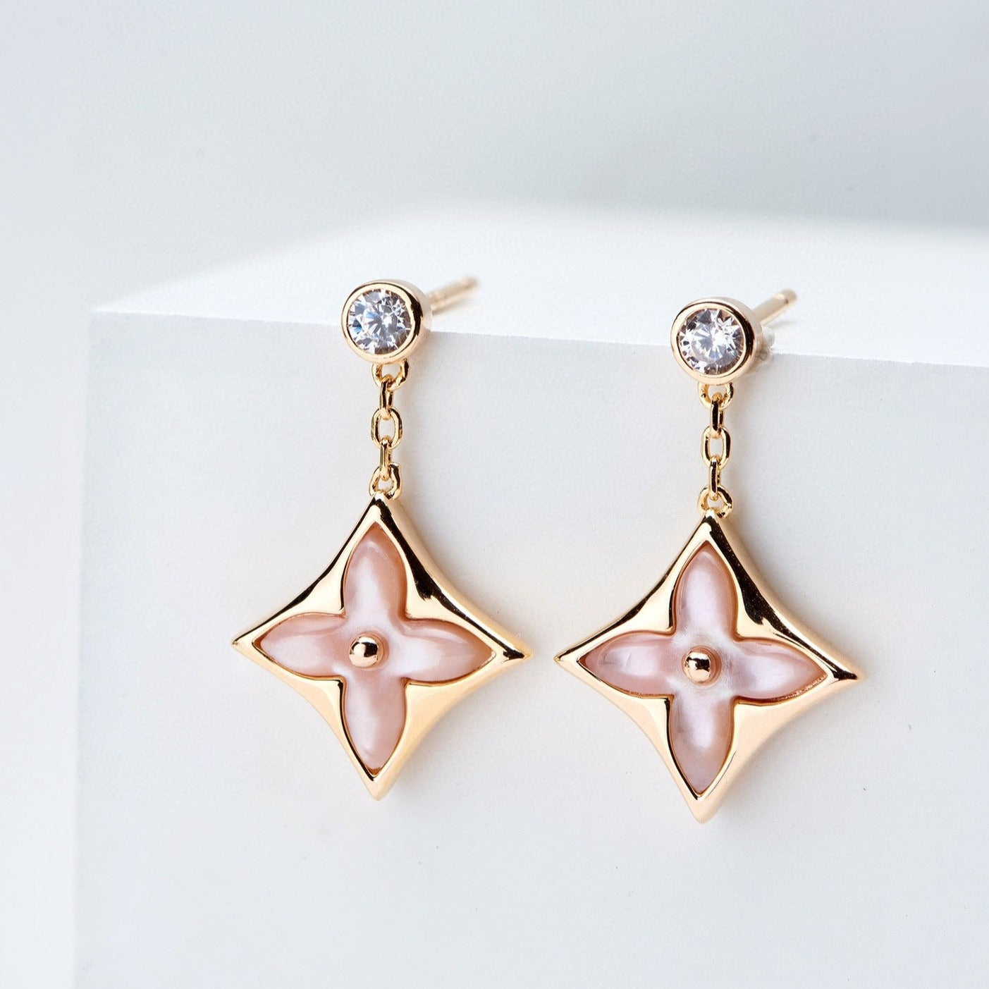 [Regal Jewels]DOUBLE STAR PINK GOLD MOP DROP EARRINGS