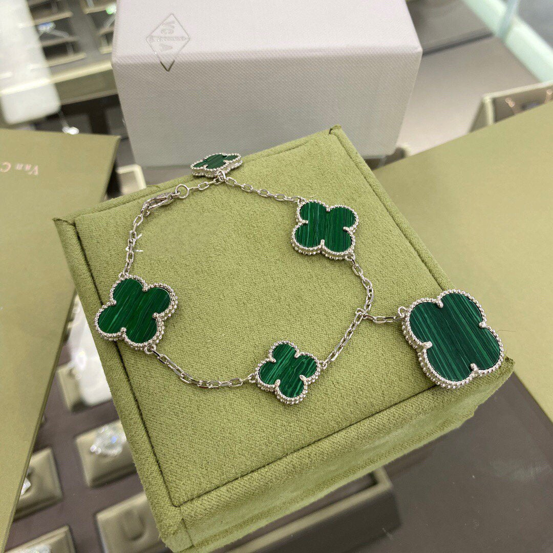 [Regal Jewels]CLOVER 5 MOTIFS SIVLER MALACHITE BRACELET