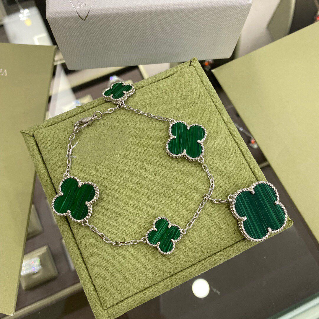 [Regal Jewels]CLOVER 5 MOTIFS SIVLER MALACHITE BRACELET