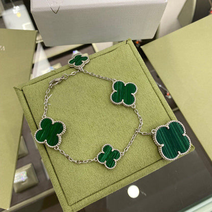 [Regal Jewels]CLOVER 5 MOTIFS SIVLER MALACHITE BRACELET