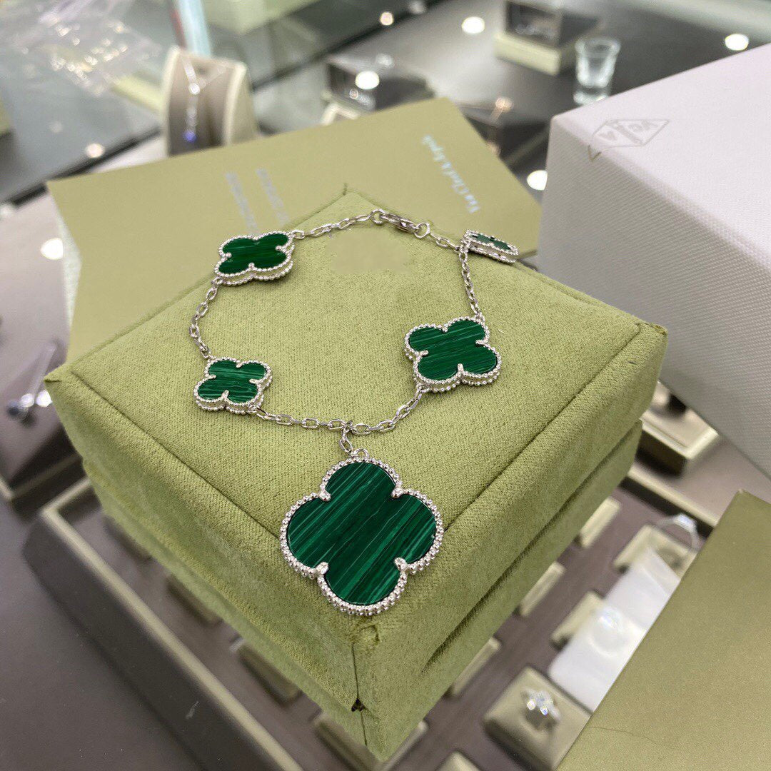 [Regal Jewels]CLOVER 5 MOTIFS SIVLER MALACHITE BRACELET
