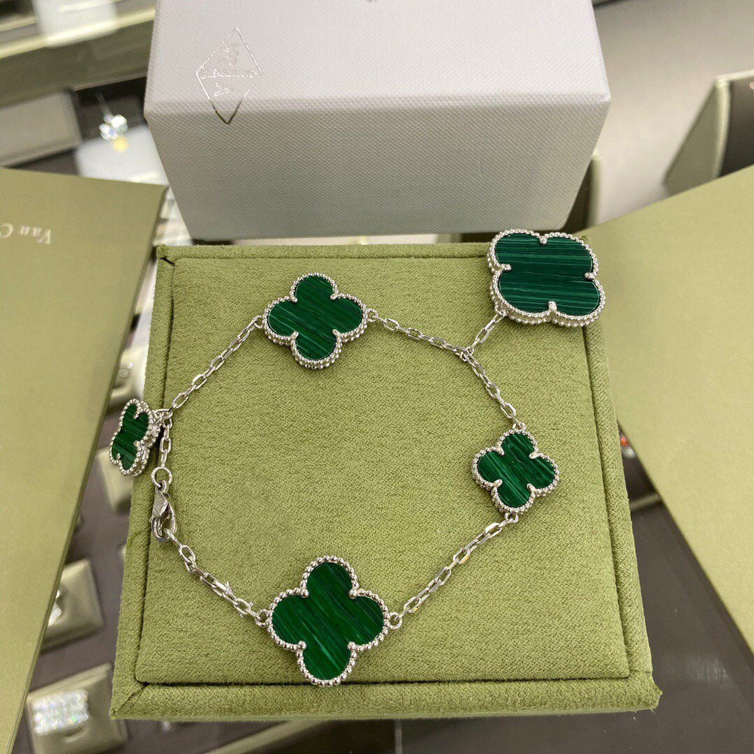 [Regal Jewels]CLOVER 5 MOTIFS SIVLER MALACHITE BRACELET