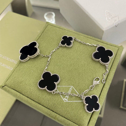 [Regal Jewels]CLOVER 5 MOTIFS SIVLER ONYX BRACELET