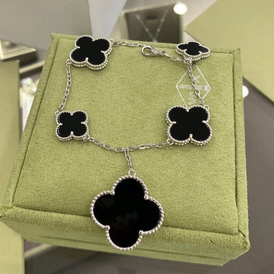 [Regal Jewels]CLOVER 5 MOTIFS SIVLER ONYX BRACELET
