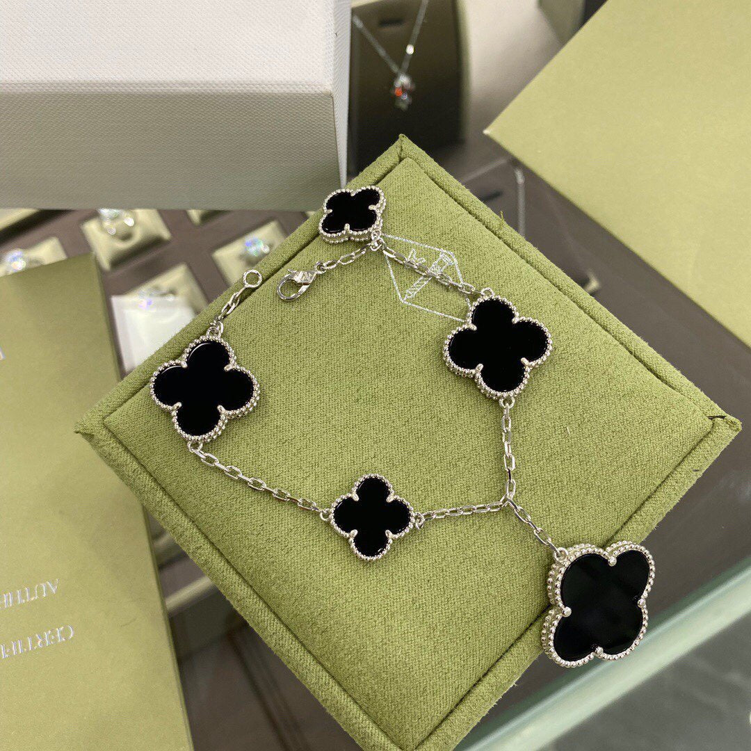 [Regal Jewels]CLOVER 5 MOTIFS SIVLER ONYX BRACELET