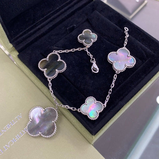 [Regal Jewels]CLOVER 5 MOTIFS SIVLER DARK MOP BRACELET