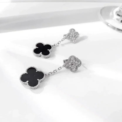 [Regal Jewels]CLOVER 2 MOTIFS  DIAMOND ONYX EARRINGS SILVER