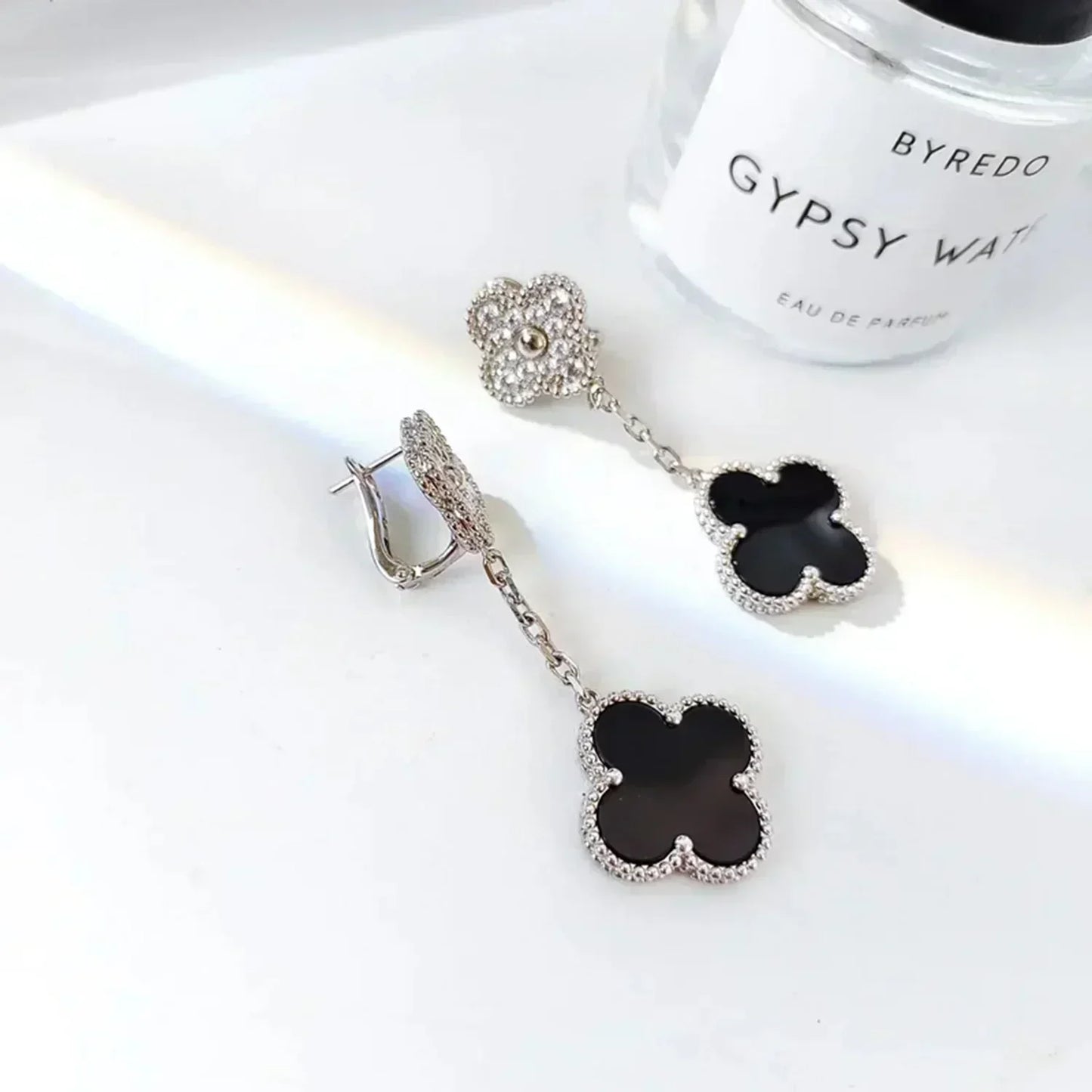 [Regal Jewels]CLOVER 2 MOTIFS  DIAMOND ONYX EARRINGS SILVER