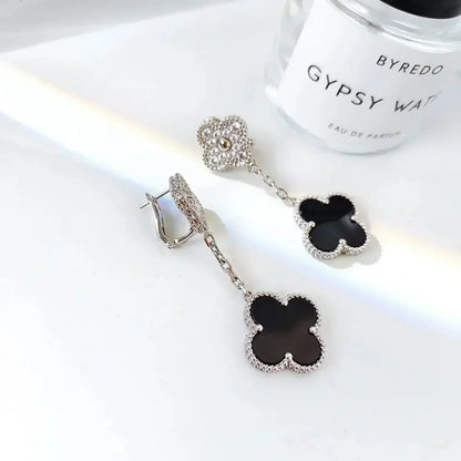 [Regal Jewels]CLOVER 2 MOTIFS  DIAMOND ONYX EARRINGS SILVER