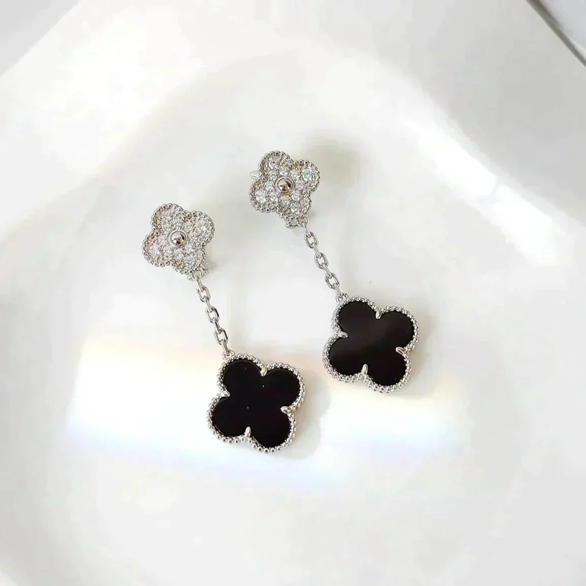 [Regal Jewels]CLOVER 2 MOTIFS  DIAMOND ONYX EARRINGS SILVER