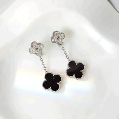 [Regal Jewels]CLOVER 2 MOTIFS  DIAMOND ONYX EARRINGS SILVER