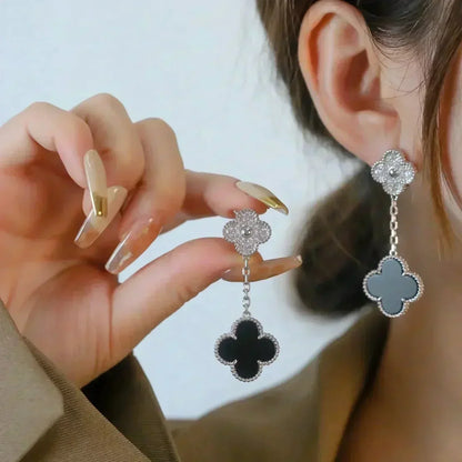 [Regal Jewels]CLOVER 2 MOTIFS  DIAMOND ONYX EARRINGS SILVER