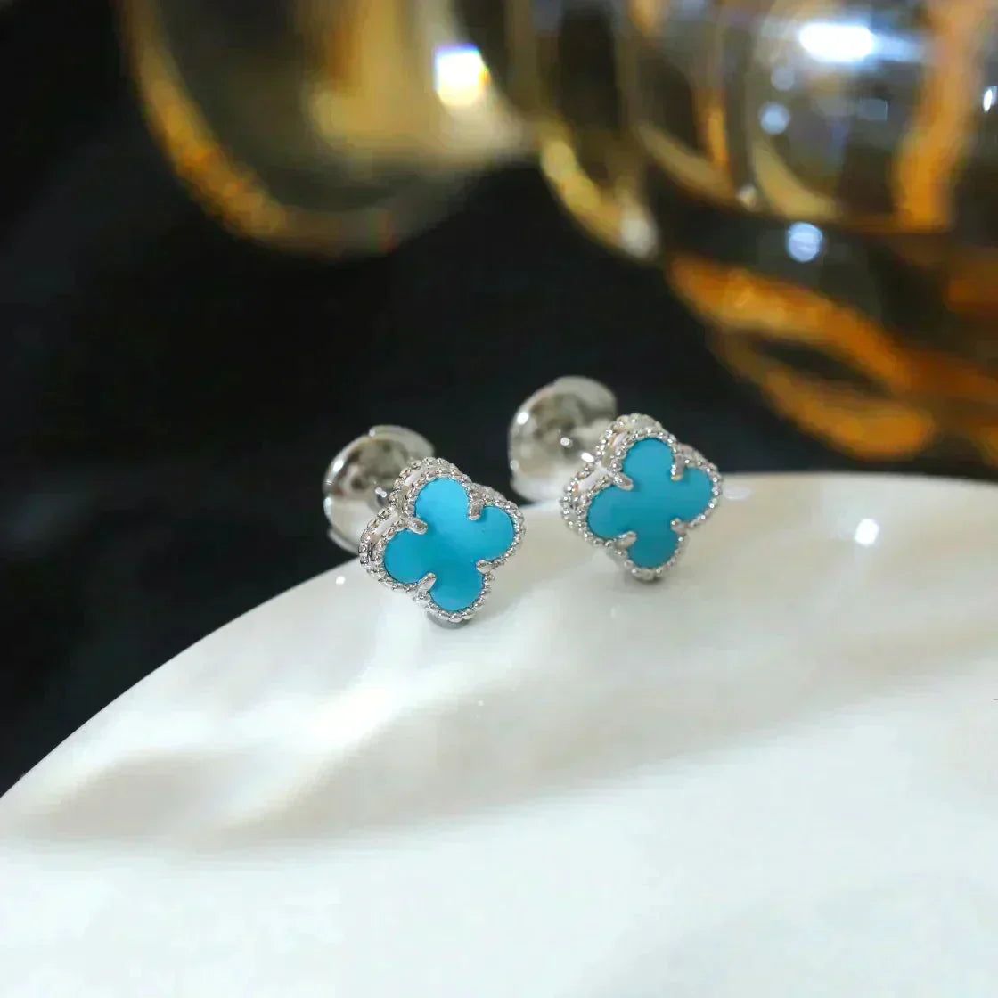 [Regal Jewels]CLOVER MINI 9.5MM ONYX STUD EARRINGS SILVER