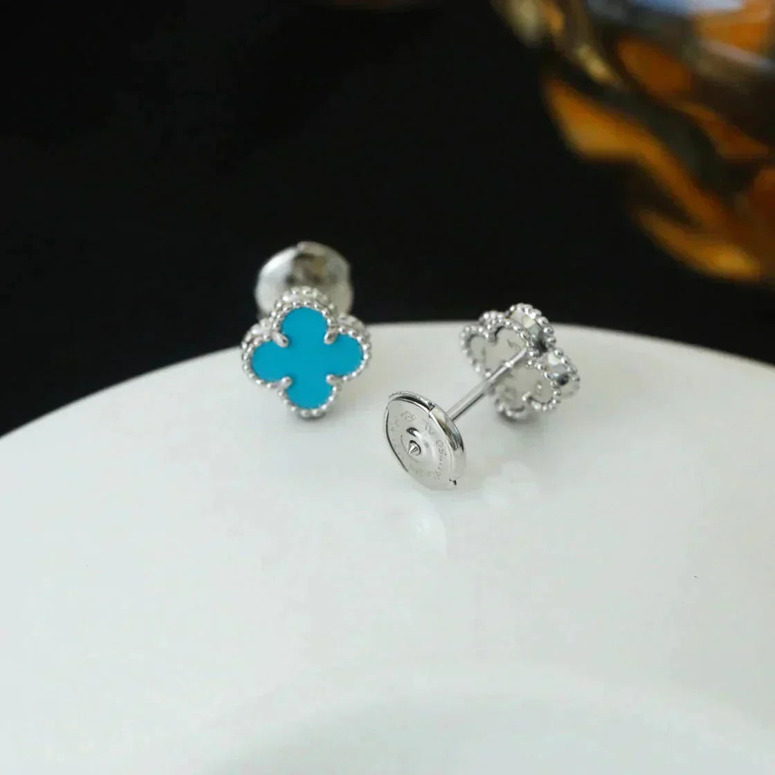[Regal Jewels]CLOVER MINI 9.5MM ONYX STUD EARRINGS SILVER