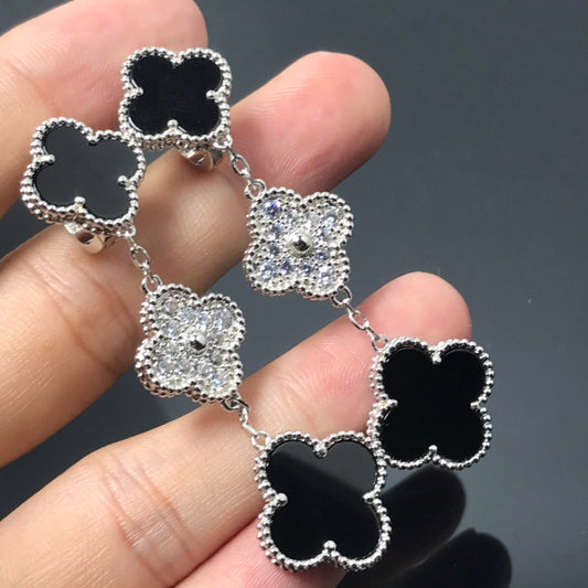 [Regal Jewels]CLOVER 3 MOTIF DIAMOND ONYX SILVER EARRINGS