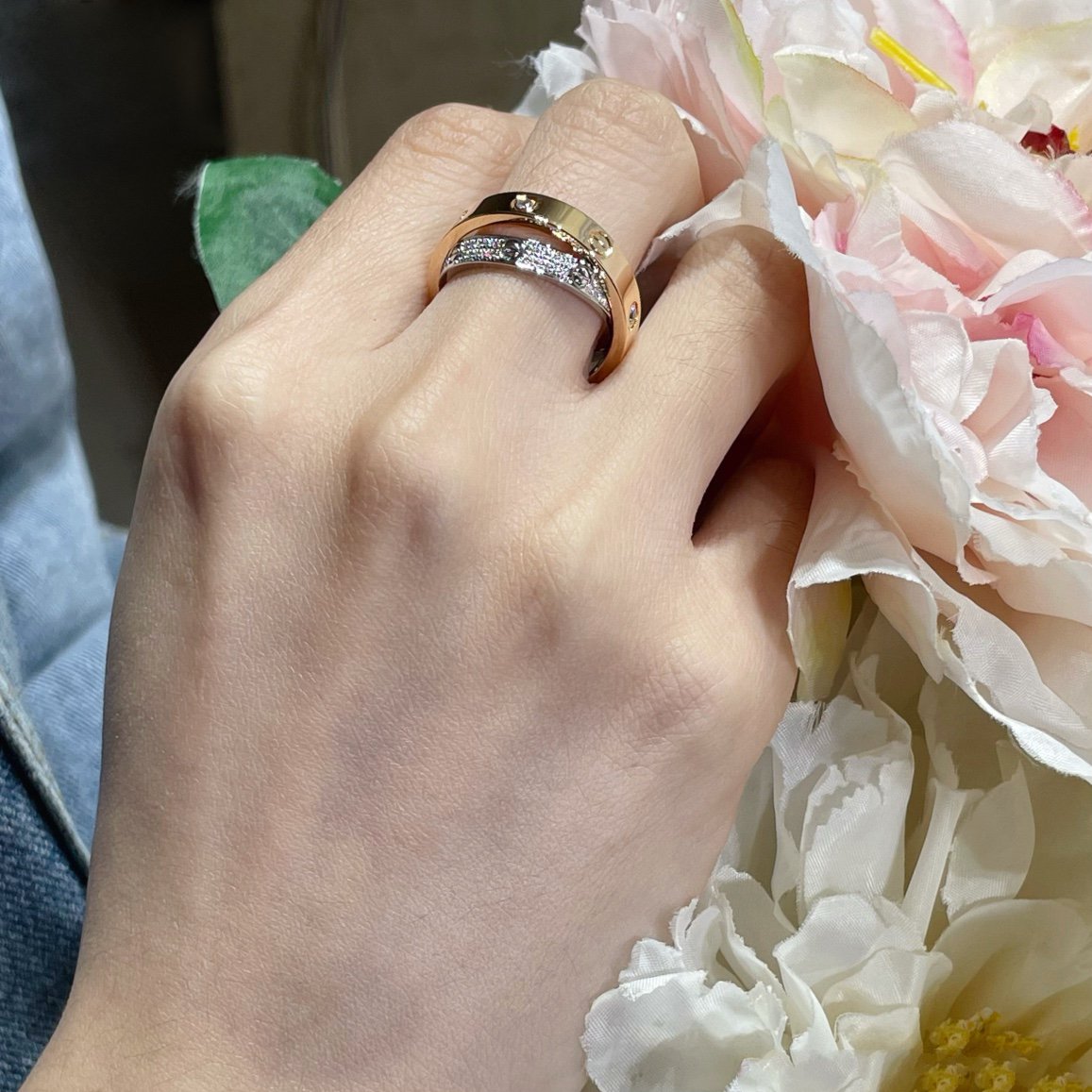 [Regal Jewels]LOVE PINK GOLD SILVER DIAMOND DOUBLE RING