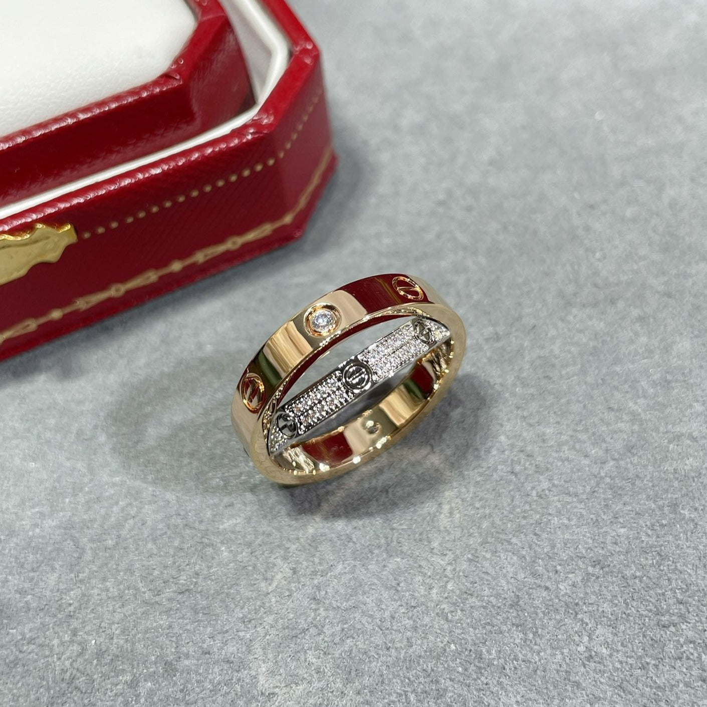 [Regal Jewels]LOVE PINK GOLD SILVER DIAMOND DOUBLE RING