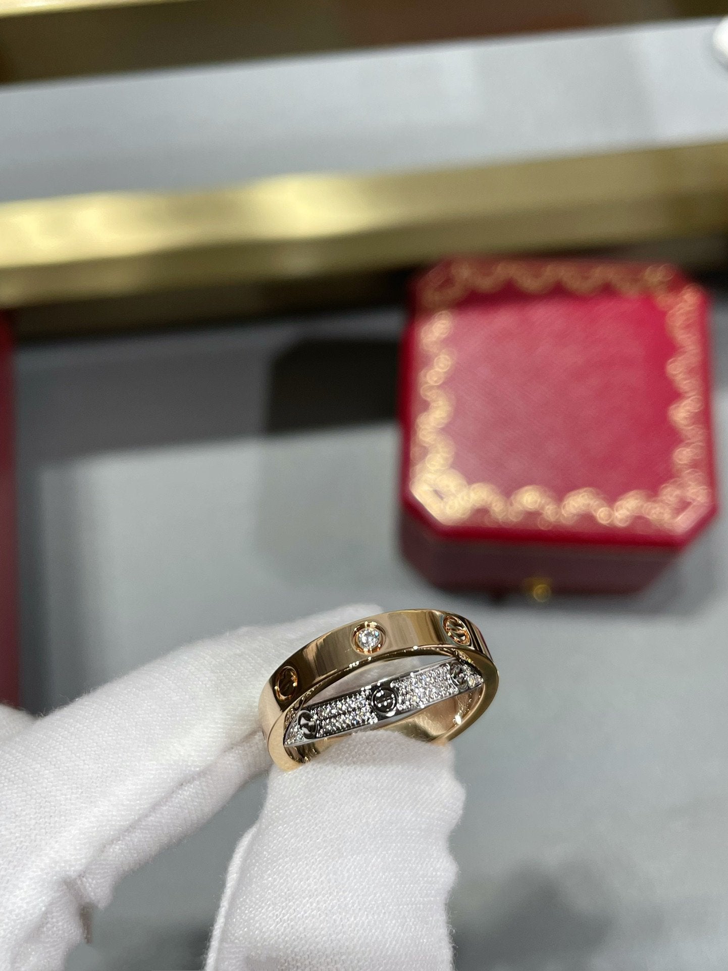 [Regal Jewels]LOVE PINK GOLD SILVER DIAMOND DOUBLE RING