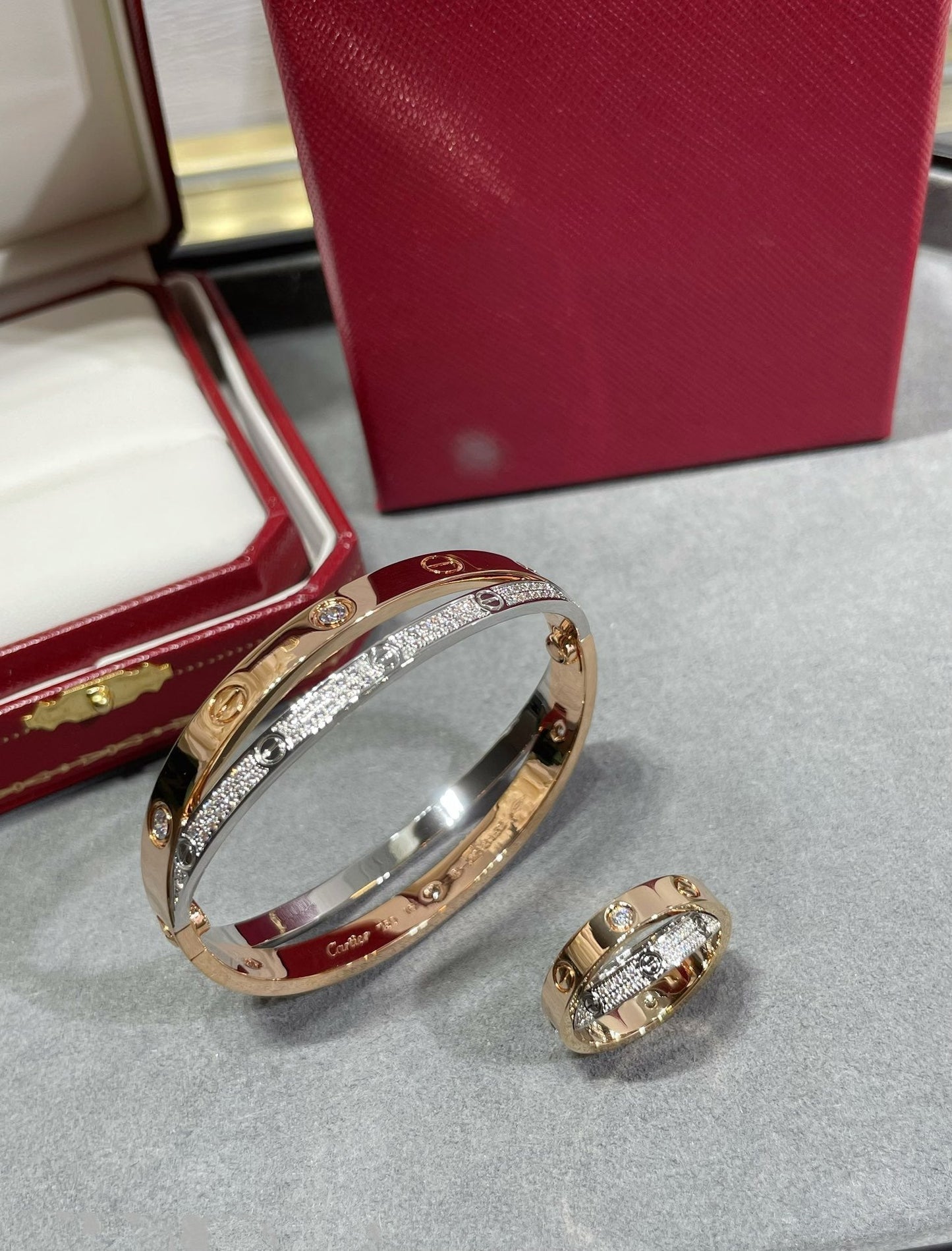 [Regal Jewels]LOVE PINK GOLD SILVER DIAMOND DOUBLE RING