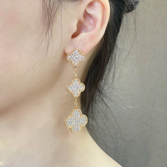 [Regal Jewels]CLOVER 3 MOTIFS DIAMOND PAVED ROSE GOLD EARRINGS