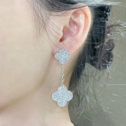 [Regal Jewels]CLOVER 2 MOTIFS DIAMOND PAVED SILVER EARRINGS