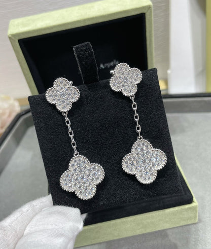 [Regal Jewels]CLOVER 2 MOTIFS DIAMOND PAVED SILVER EARRINGS
