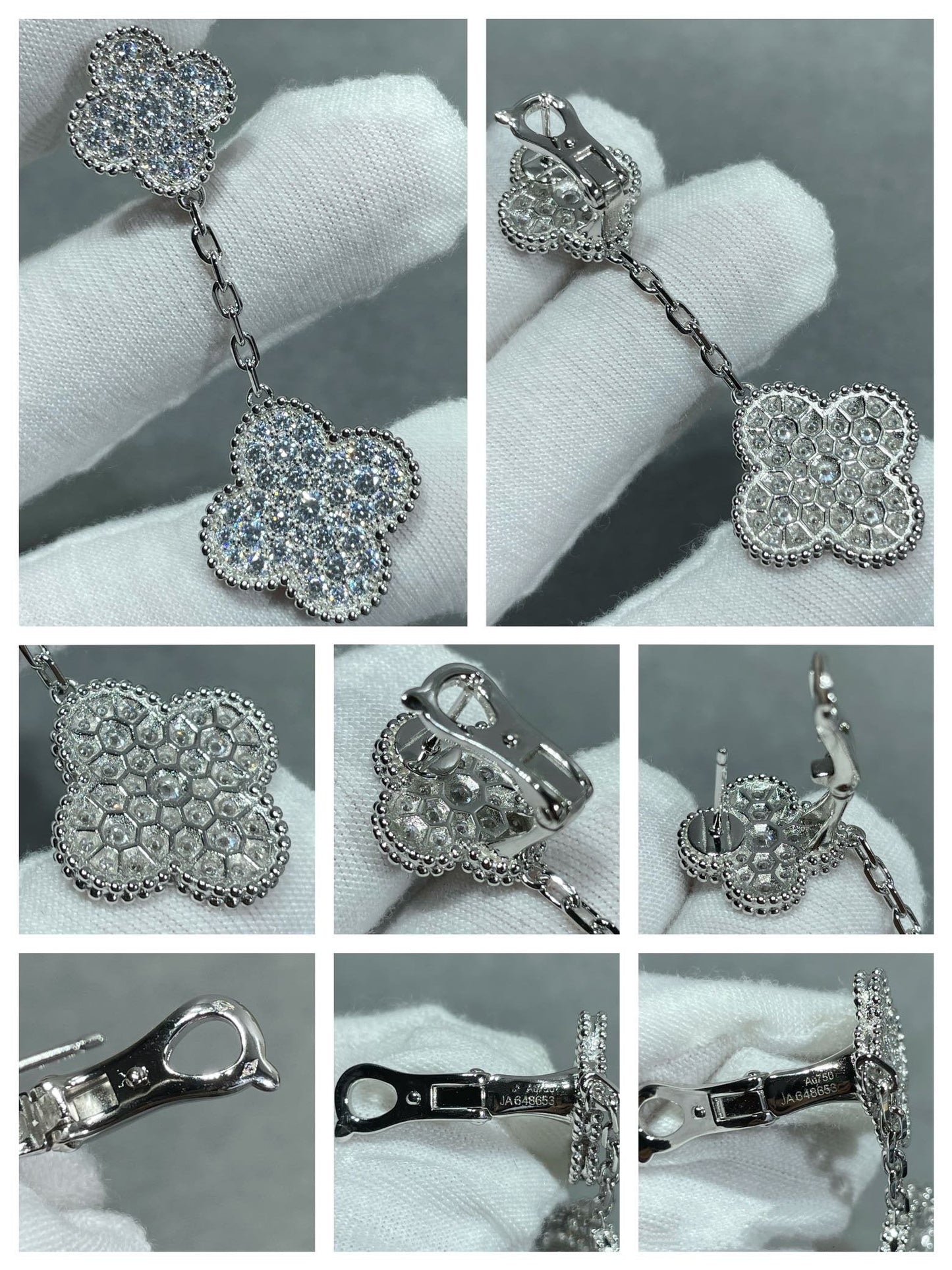 [Regal Jewels]CLOVER 2 MOTIFS DIAMOND PAVED SILVER EARRINGS