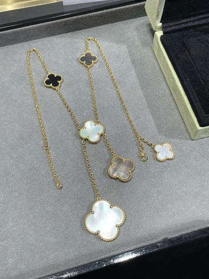 [Regal Jewels]CLOVER 6 MOTIF MOP ONYX GOLD NECKLACE