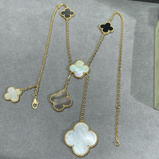 [Regal Jewels]CLOVER 6 MOTIF MOP ONYX GOLD NECKLACE