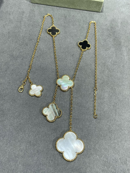 [Regal Jewels]CLOVER 6 MOTIF MOP ONYX GOLD NECKLACE