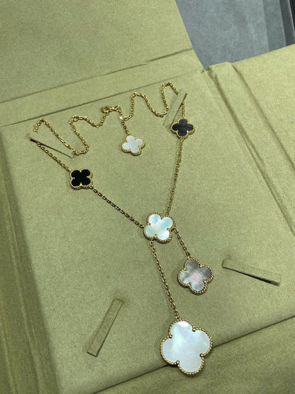 [Regal Jewels]CLOVER 6 MOTIF MOP ONYX GOLD NECKLACE