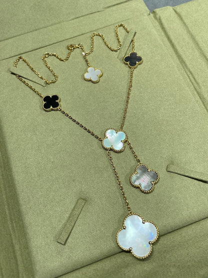 [Regal Jewels]CLOVER 6 MOTIF MOP ONYX GOLD NECKLACE
